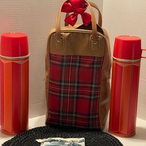 Vintage 2 Thermos set Red Plaid bag with Tan Trim 1971 w/advertisement 1971